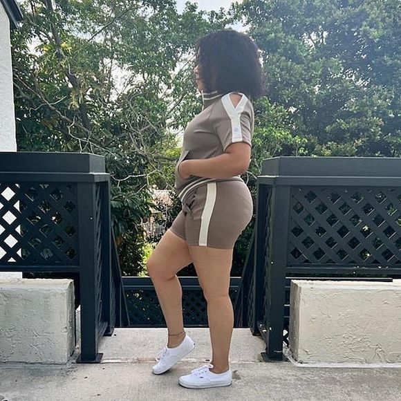 The Set Women's Mocha Cold Shoulder Zip Up Track 2 Pc Short Set Size Large - Picture 2 of 11